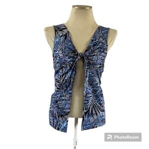 Aloha Hut Hawaii Blue Palm Print Tie Front Bow Blouse Women's Size L